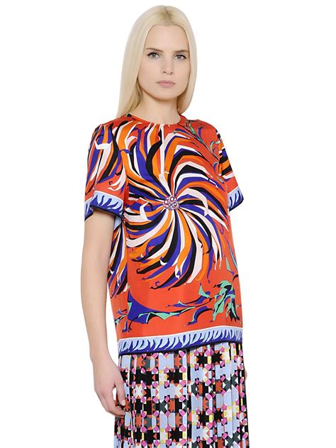 Emilio Pucci Metallic Printed Silk And Lurex Blouse In Blue Lyst