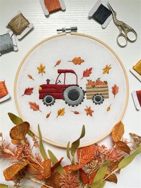 PDF Pattern Tractor With Pumpkins Fall Embroidery Autumn Leaves