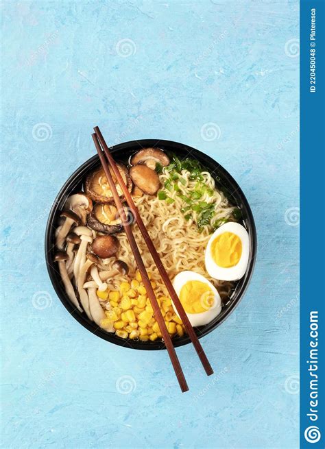 Ramen Soba Noodles With Eggs Shiitake Mushrooms And Vegetables Stock