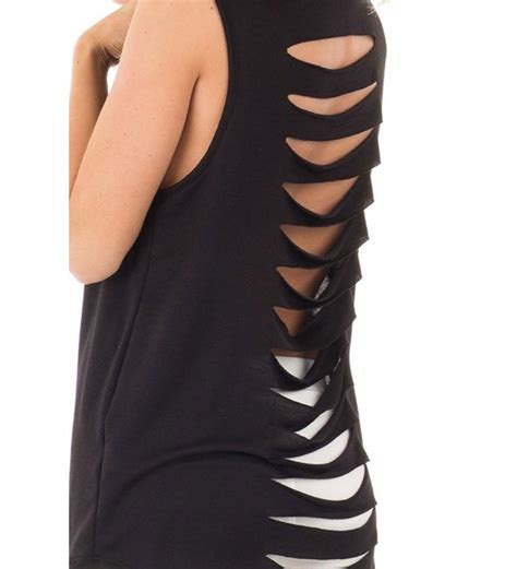 Womens Sleeveless Slashed Back Tank Top Ripped Back T Shirt Black