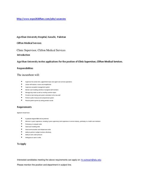 Clinic Supervisor Clifton Medical Services Pdf Business