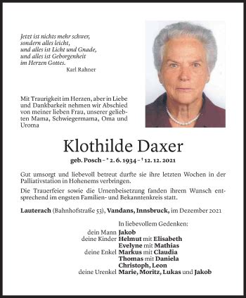 Todesanzeigen Von Klothilde Daxer Todesanzeigen Vorarlberger Nachrichten