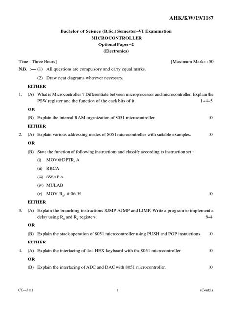 Bachelor Of Science B Sc Semester Vi Examination Microcontroller