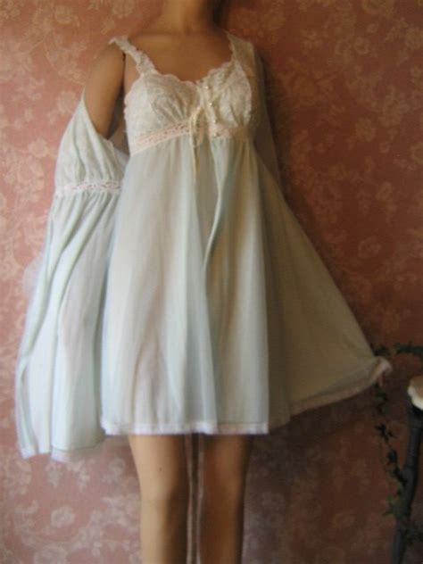 Olga Vintage Nightgown Peignoir Set Sheer Blue Chiffon Sleeping Pretty Xs S