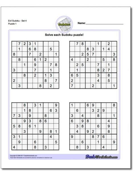 Printable Evil Sudoku Puzzles Math Worksheets Sudoku Puzzles