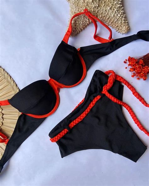 Womens Black And Red Braided Strap Bikini Set On Luulla