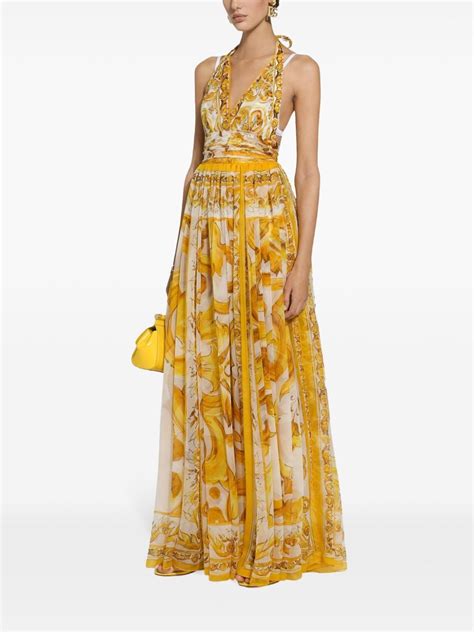 Dolce Gabbana Majolica Print Silk Maxi Dress Yellow Farfetch