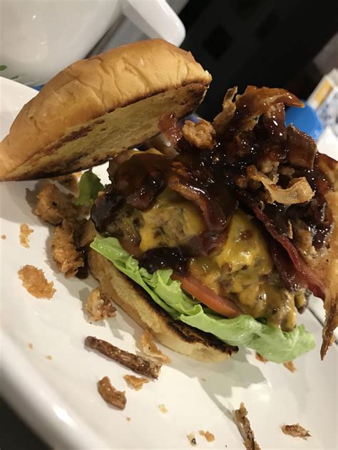 Double Smashburger With Cheese Candied Bacon Homemade Bbq Sauce And