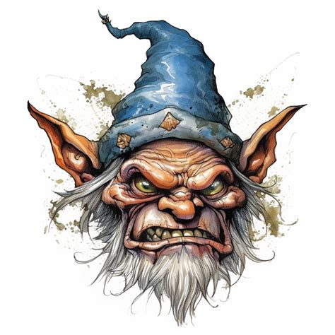 Horrific Face Of An Angry Lawn Gnome Demon Watercolor Ultra High