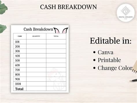 Cash Breakdown Sheet Printable Spending Tracker Cash Etsy