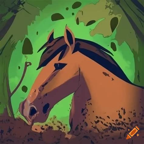 Side View Manga Horse Peacefully Sinking Into Wet Bubbling Liquid Mud