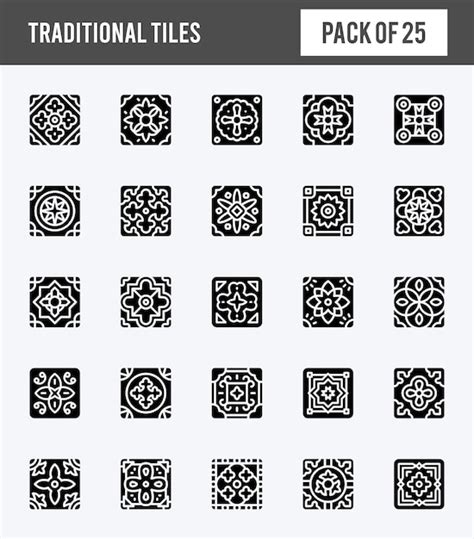 Traditionelle Fliesen Glyphen Symbole Packen Vektorillustration