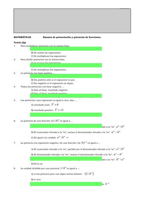 PDF MATEMÁTICAS Examen de potenciación y potencias de PDF