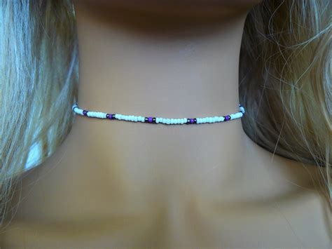 Seed Bead Choker Necklace Seed Bead Necklace Beaded Choker White Sliver Purple Choker Tiny