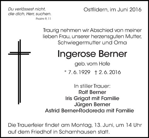 Traueranzeigen Von Ingerose Berner Zeit Des Gedenkens De