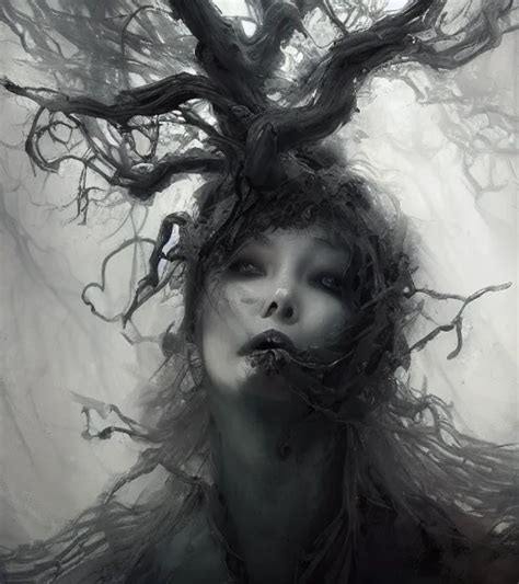 Krea A Beautiful Terrifying Ghost Portrait Black Eyes Twisted Trees