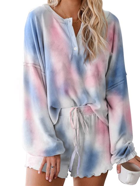 Selfieee Women S Summer Tie Dye Casual Outfits Long Sleeve And Shorts 2