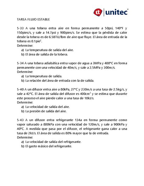 4 Tarea Flujo Estable 2 TAREA FLUJO ESTABLE 5 33 A Una Tobera Entra