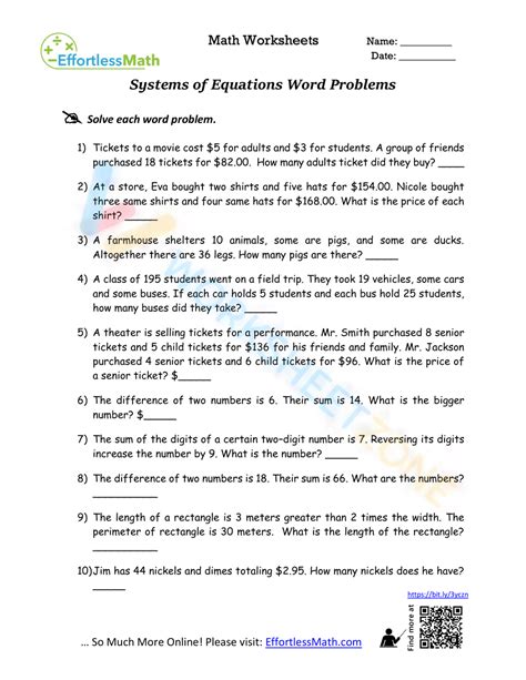 Systems Of Linear Equations Word Problems Worksheet