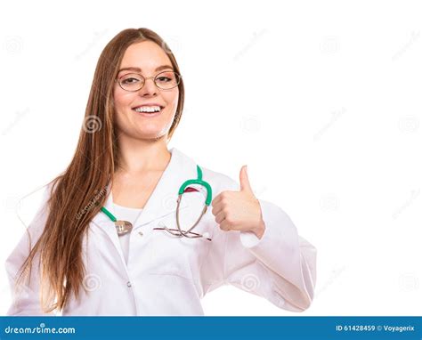 Mujer En Pulgar De La Capa Del Laboratorio Encima Del Gesto Imagen De