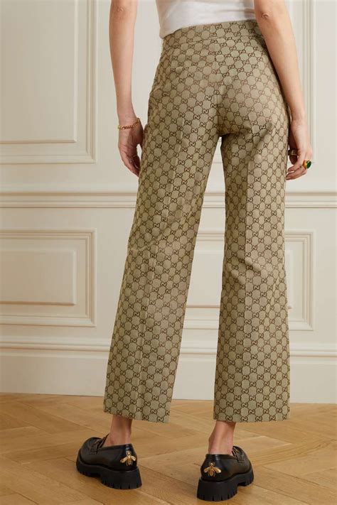 Gucci Leather Trimmed Cotton Blend Canvas Jacquard Flared Pants Net A