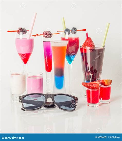 Colorful Set Of Drinks Color Drink Decorated With Fruit Sunglasses Drink Straw Color Shots