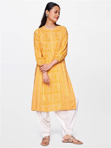 Buy Global Desi Women Mustard Yellow And White Ethnic Motifs Printed Puff