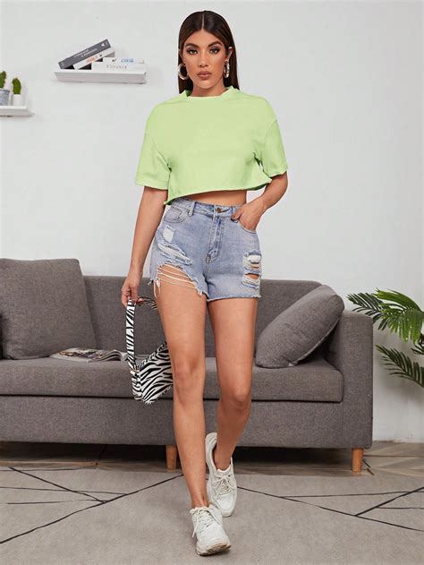 SHEIN EZwear Drop Shoulder Solid Crop Tee SHEIN USA