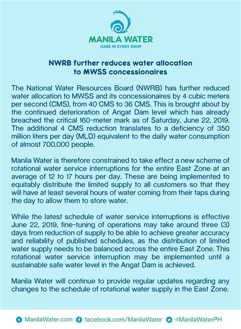 Manila Water On Twitter Nwrb Further Reduces Water Allocation To Mwss