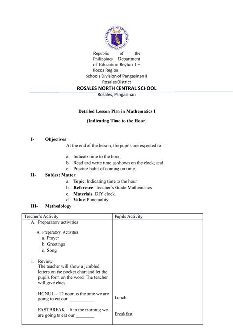 Math 4 Detailed Lesson Plan Math 1 Republic Of The Philippines Department Of Education