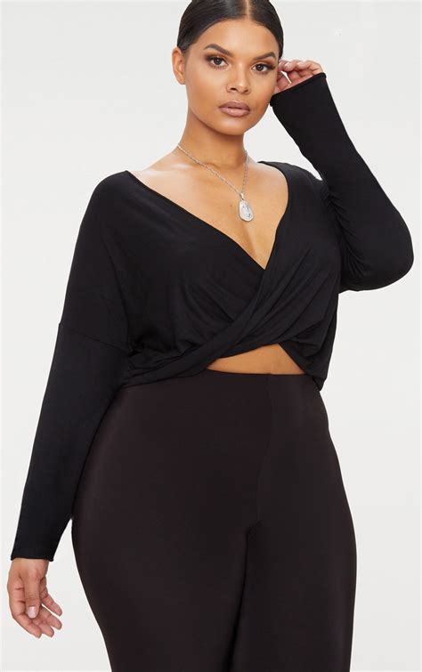 Plus Black Wrap Detailed Top Plus Size Prettylittlething Usa