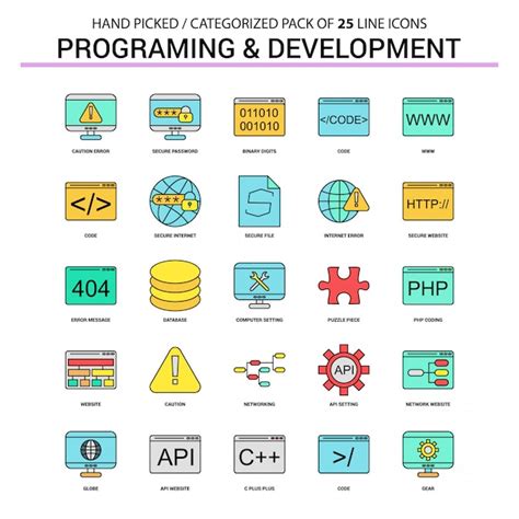 Programmierung Und Entwicklung Flat Line Icon Set Premium Vektor