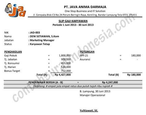 Contoh Slip Gaji Simpel Untuk Karyawan Dinaspajak