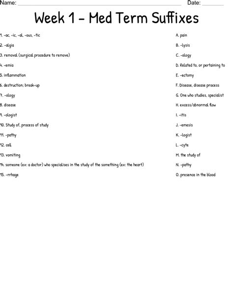 Week Med Term Suffixes Worksheet Wordmint