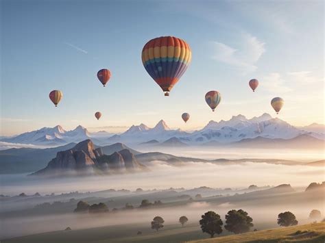 Premium AI Image Landscape Of Morning Fog And Mountains With Hot Air