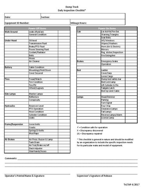 Dump Truck General Daily Inspection Checklist Pdf Pdf Truck Brake