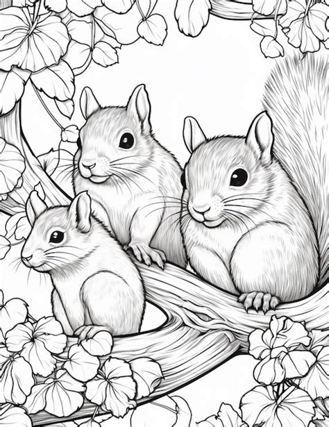 Premium Photo Coloring Pages Of Squirrels Sitting On A Branch With