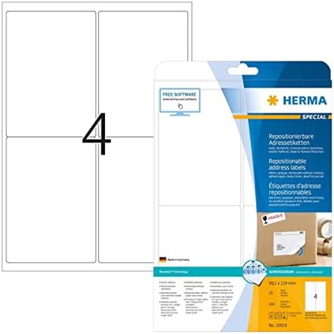 HERMA Self Adhesive Removable Labels 4 Labels Per A4 Sheet 25 Sheets