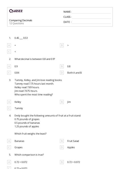 50 Comparing Decimals Worksheets For 5th Grade On Quizizz Free And Printable
