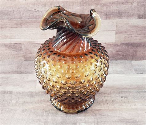 Amber Brown Hobnail Glass Vase Twisted Flair Top Vtg Indiana Etsy