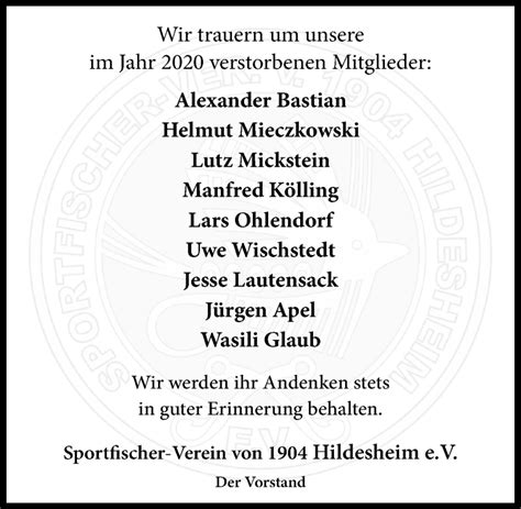 Traueranzeigen Von Sportfischer Verein Von 1904 Hildesheim E V Trauert