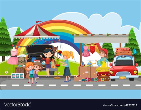 Flea market scene in cartoon style Royalty Free Vector Image