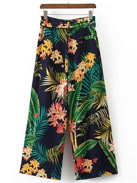 Tropical Print Tie Waist Wide Leg Pants Shein Usa