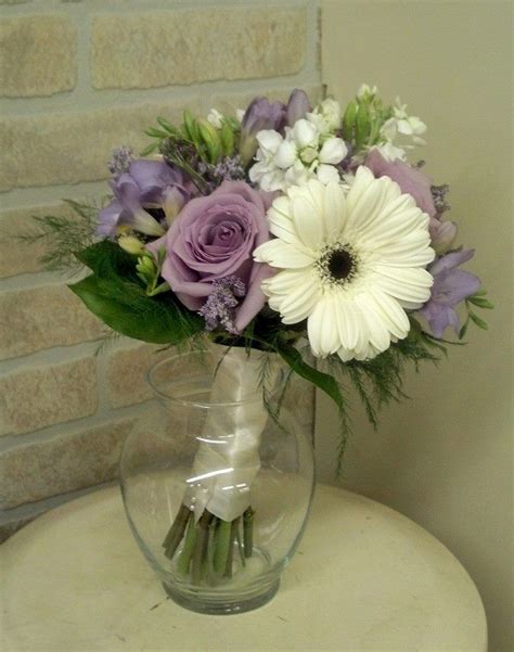 Bridal Bouquet White Stock White Mini Gerber Daisies Purple Roses