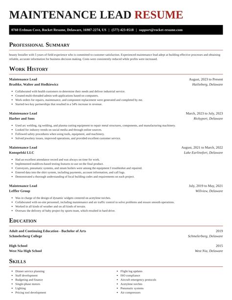 Maintenance Lead Resumes Rocket Resume