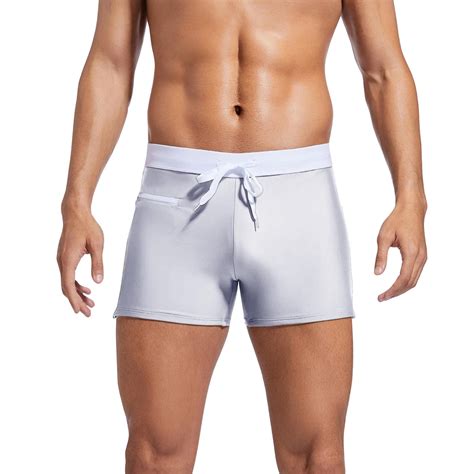 Mens Swim Trunks Zipper Pocket Type Flat Corner Beach Pants Sexy Solid