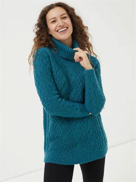 Fatface Alicia Knitted Roll Neck Jumper In Teal Blue Endource