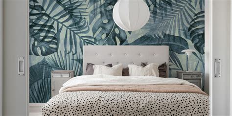 Blue Jungle Tropical Monstera Palm Leaves Wallpaper Happywall