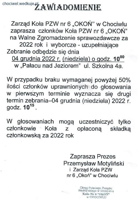 Zaproszenie na zebranie Koła PZW nr 6 Okoń w Chociwlu zdjęcie 1 z 1