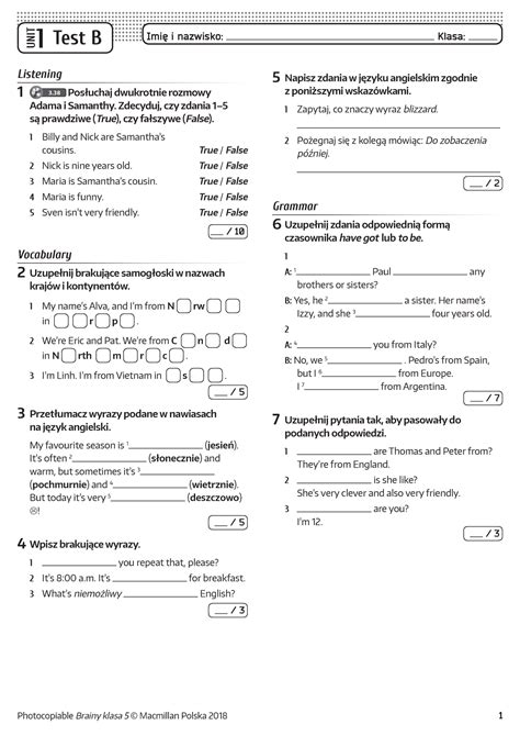 Brainy Kl Unit Test B Sprawdzian Dla Klasy Unit Test B Imi